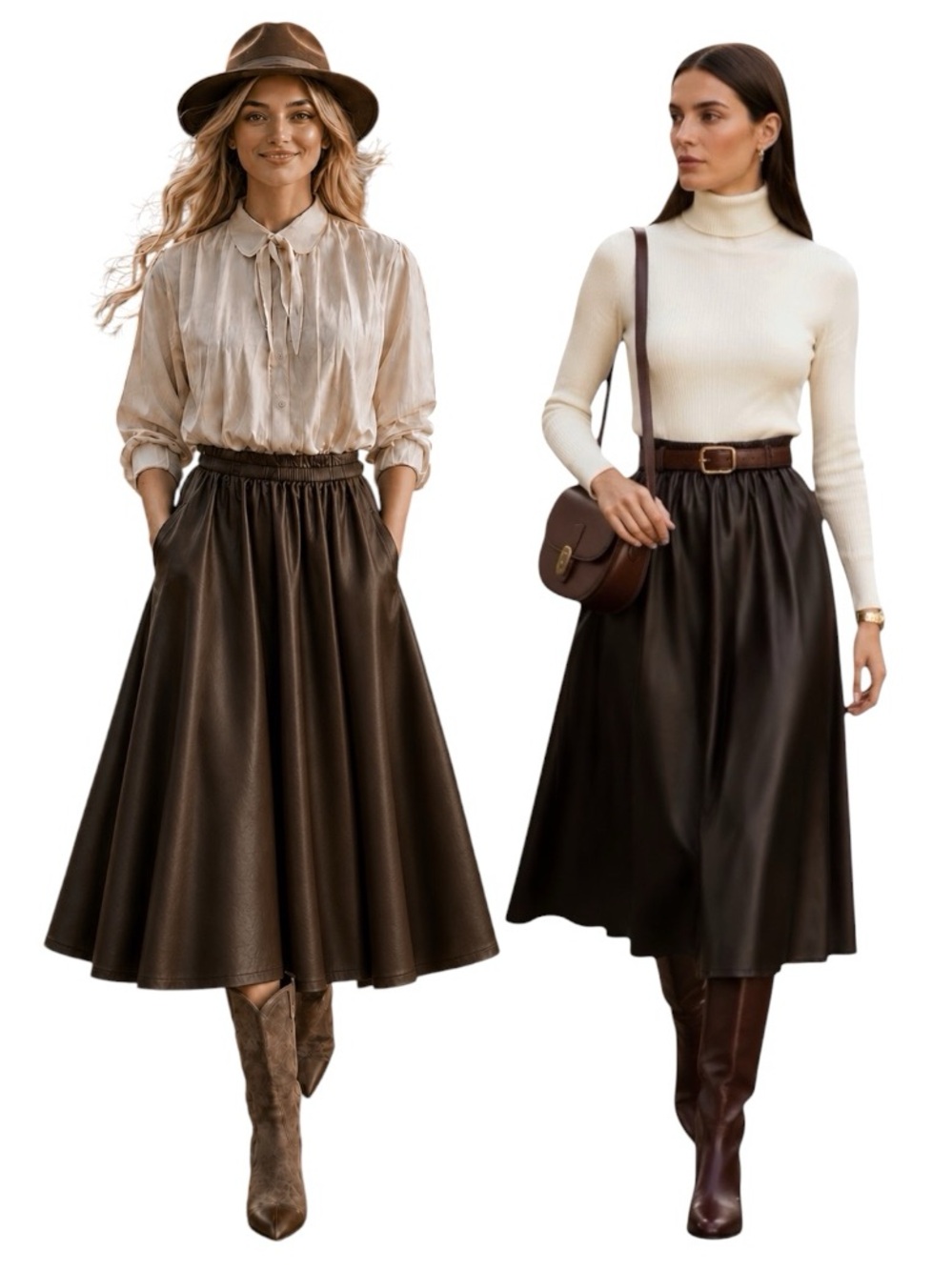 Brown Faux Leather Midi Skirt | A-Line with Pockets | Quiet Luxury Minimalist